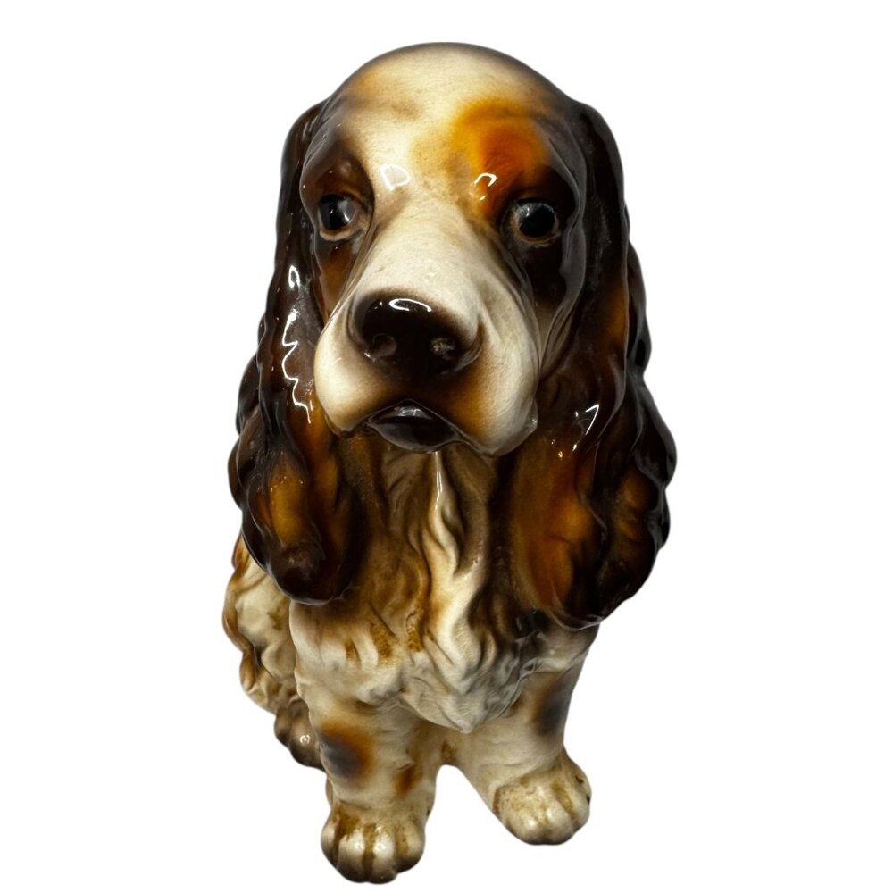 Vtg Ceramic Cocker Spaniel Dog Figurine 10" Brown & White Glaze Collectible MCM